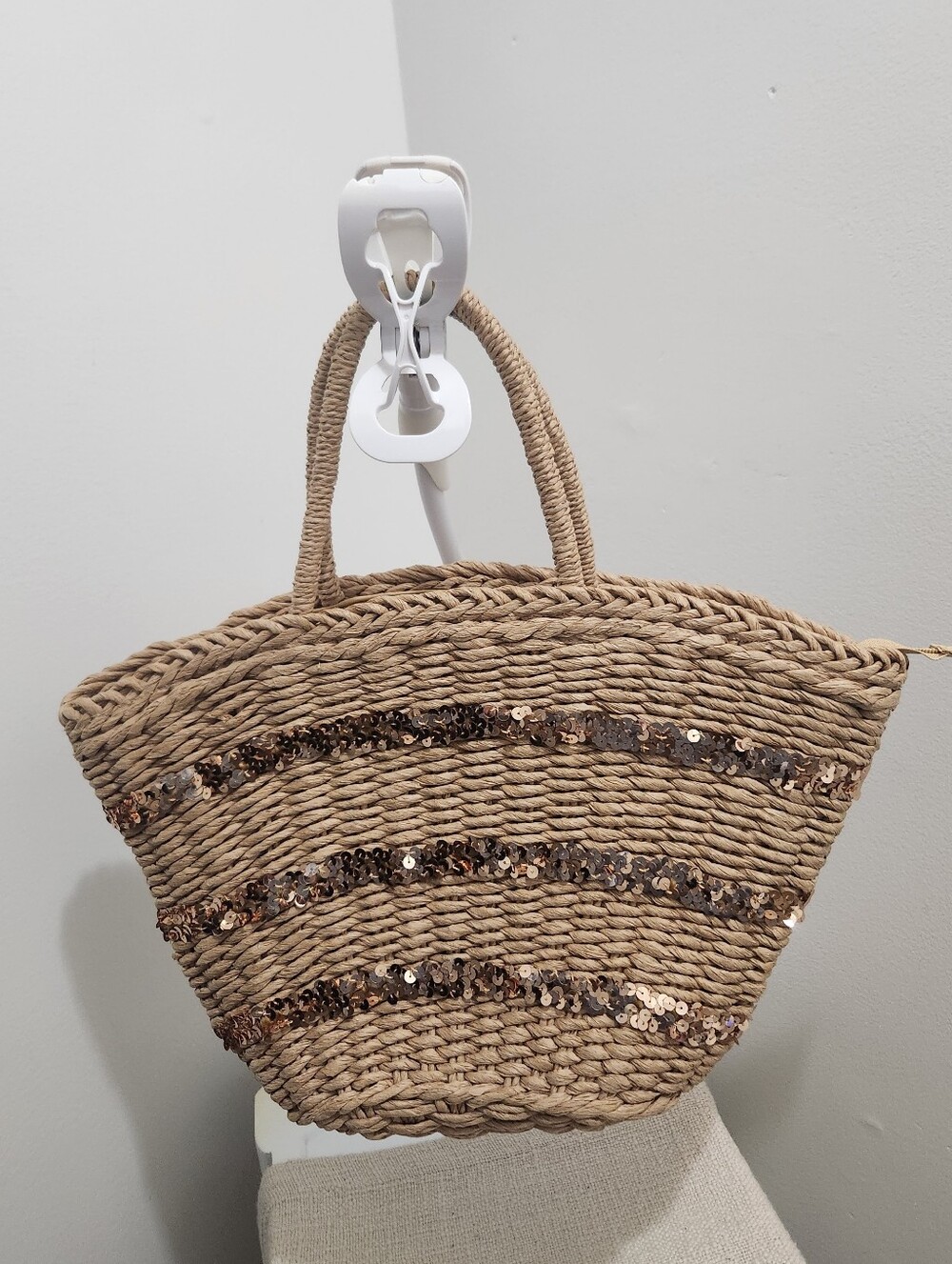 Woven Sequin-Trim Straw Tote Bag in Natural!
